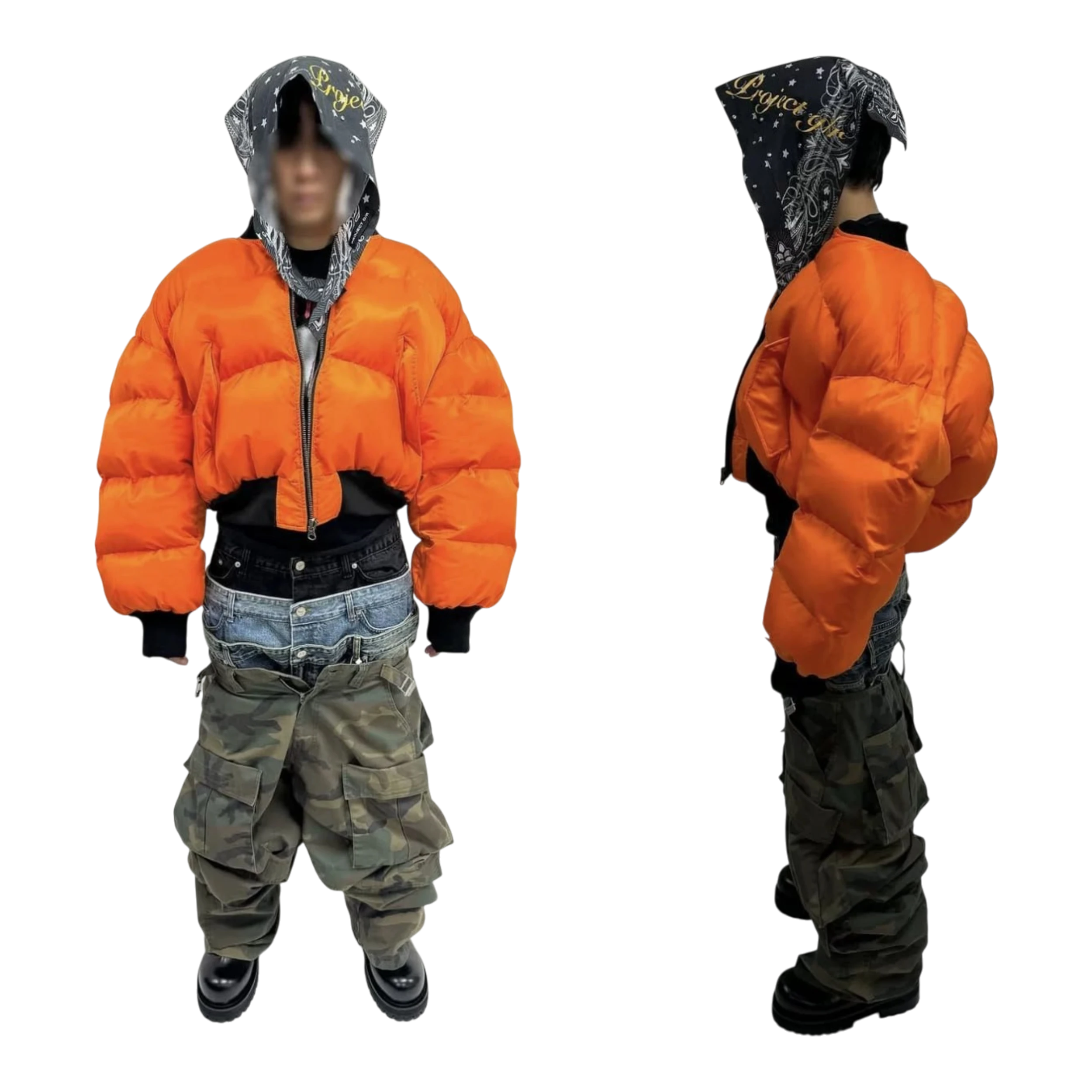 Project G/R Black Reversible Puffer Bomber Jacket