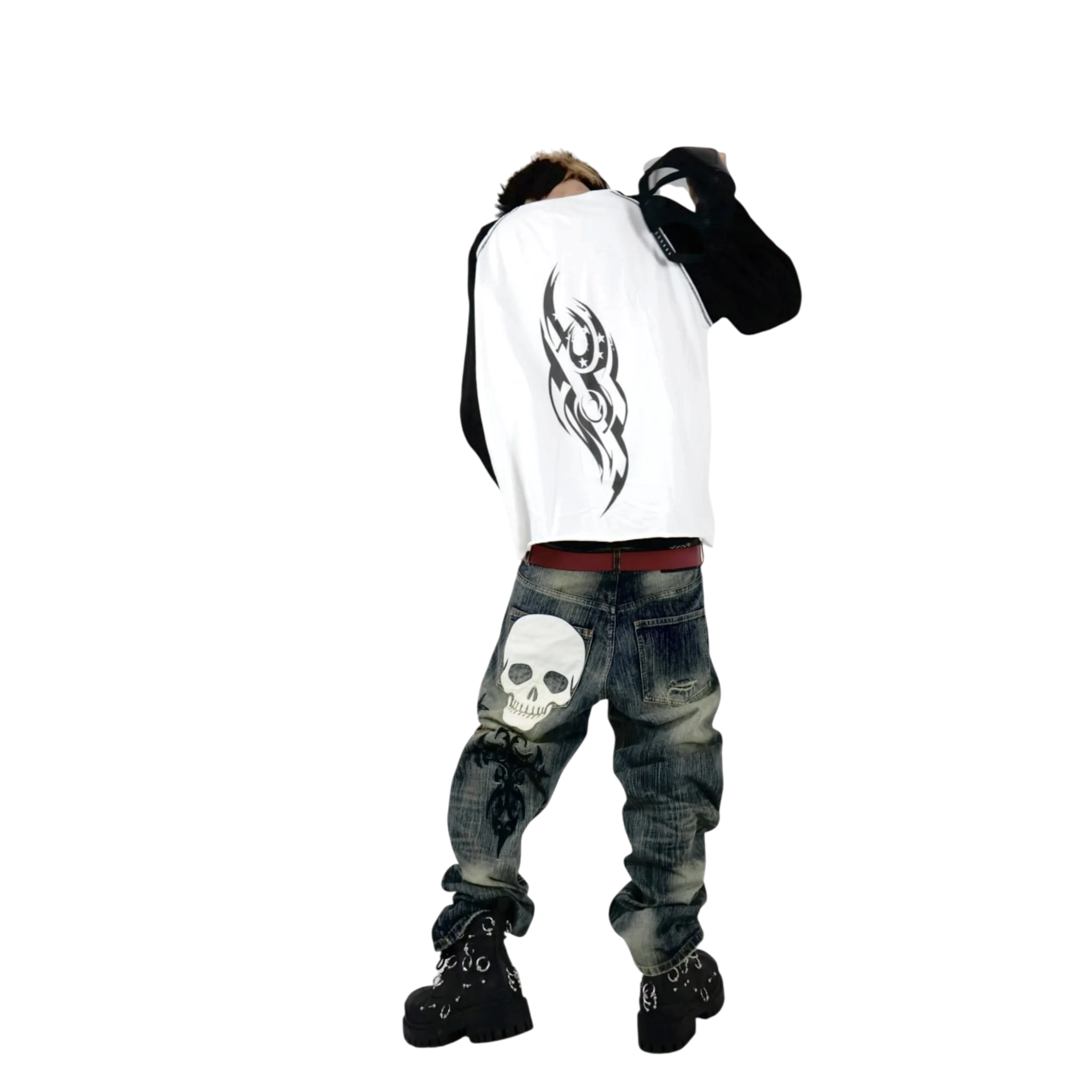 Ucantbelikeme "Bat" Black & White Distressed Waffle Raglan Longsleeve