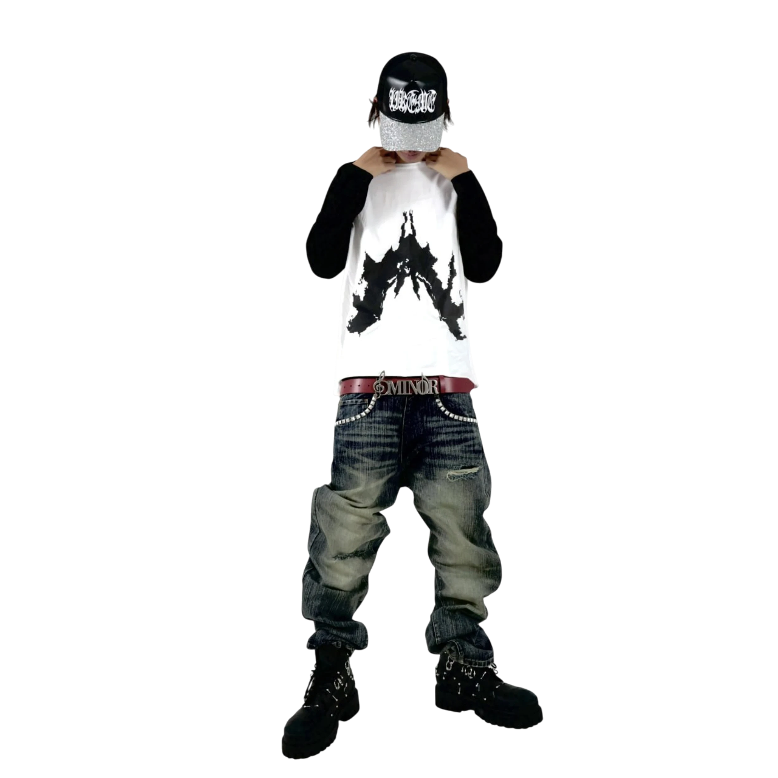 Ucantbelikeme "Bat" Black & White Distressed Waffle Raglan Longsleeve