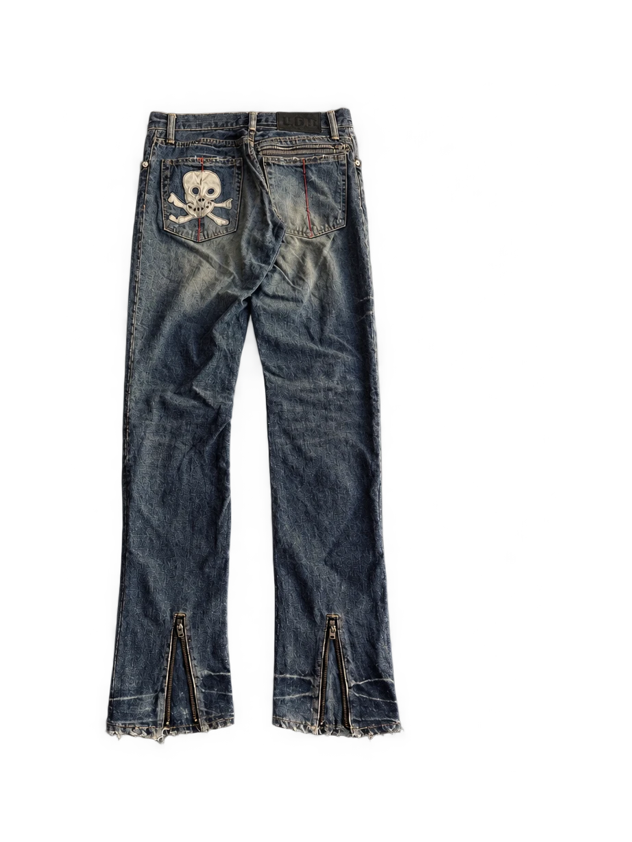 L.G.B. "Skulls Wolf" Zip Flare Denim