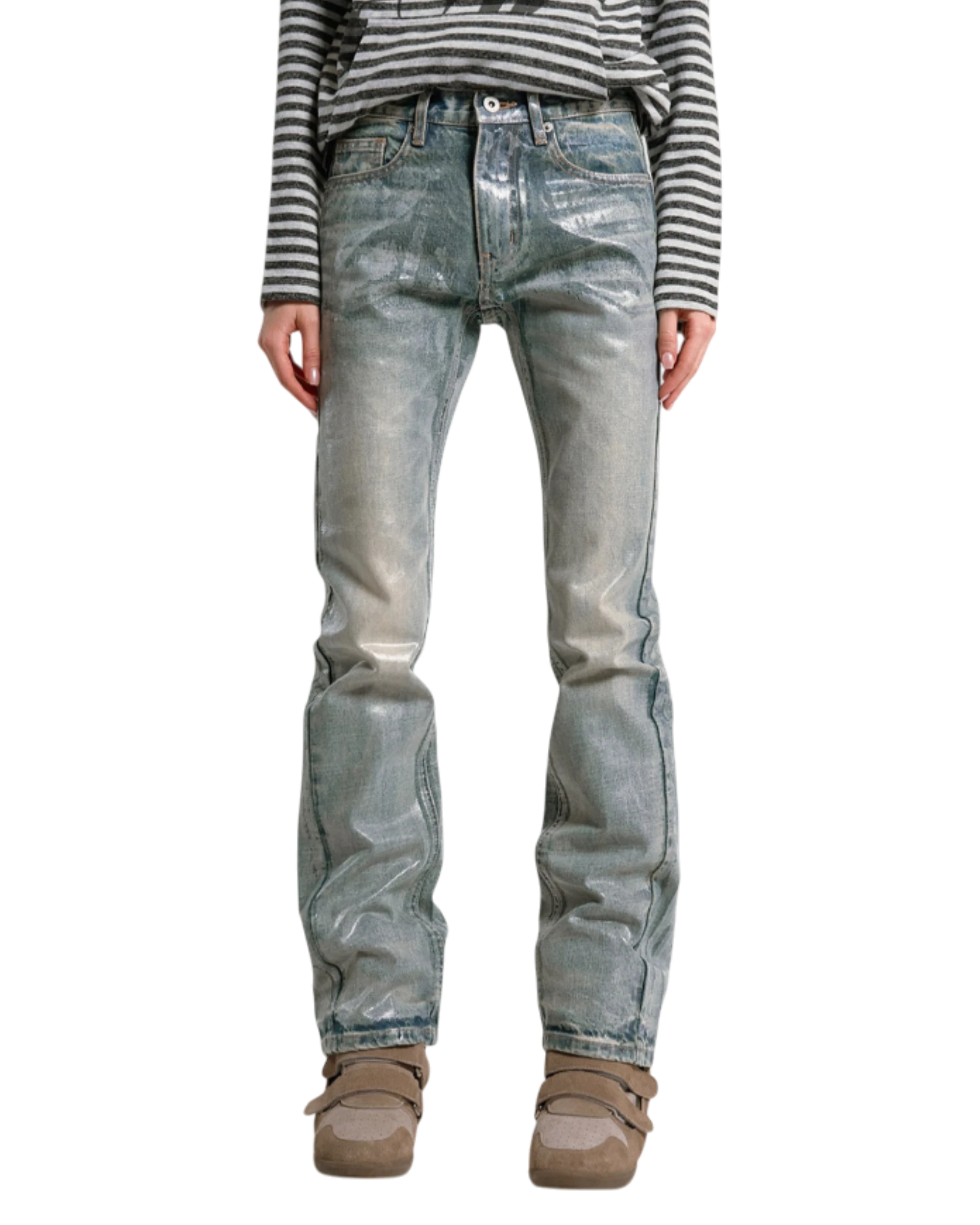 no E mosen Ice Blue Cracked Glue Wash Straight Flare Jeans